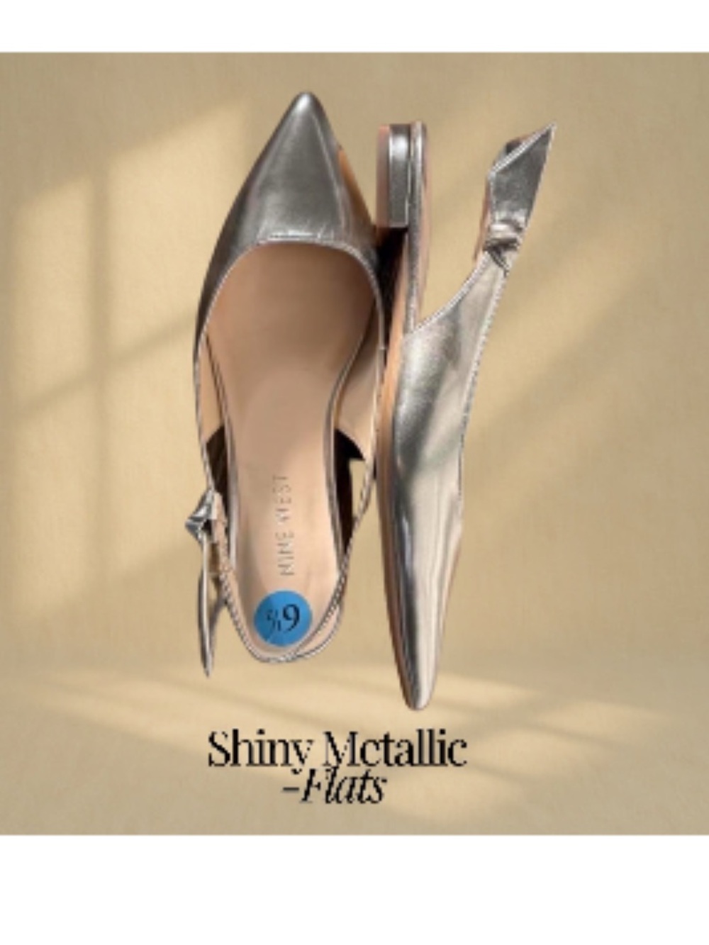 🍾NWOT Nine West Women's Metallic Gold Pointed Slingback Flats, Size 6.5